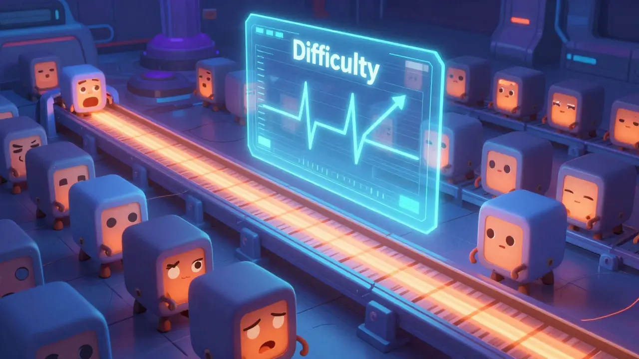 Cute miner robots monitoring a holographic difficulty gauge