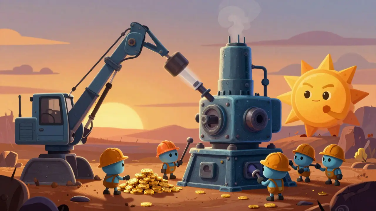 Cute robot miners operating a large machine under a twilight sky
