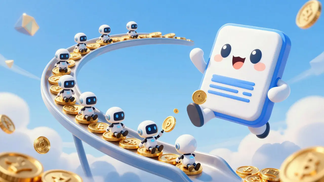 Cute robots trading on a magical golden slide representing bonding curves in animation style.