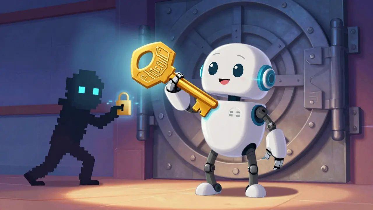 Friendly robot protecting a vault from a shadowy hacker with a golden key