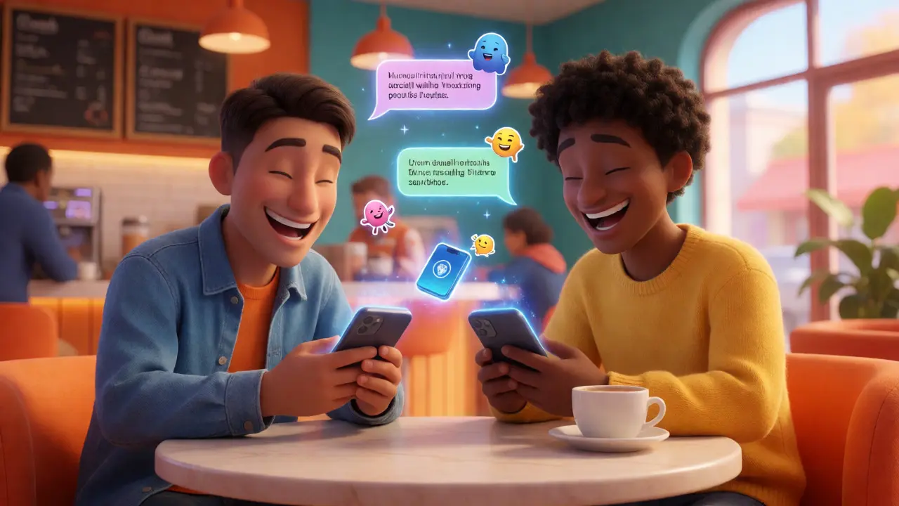 Friends chatting and sending crypto via integrated wallet features at a cafe.