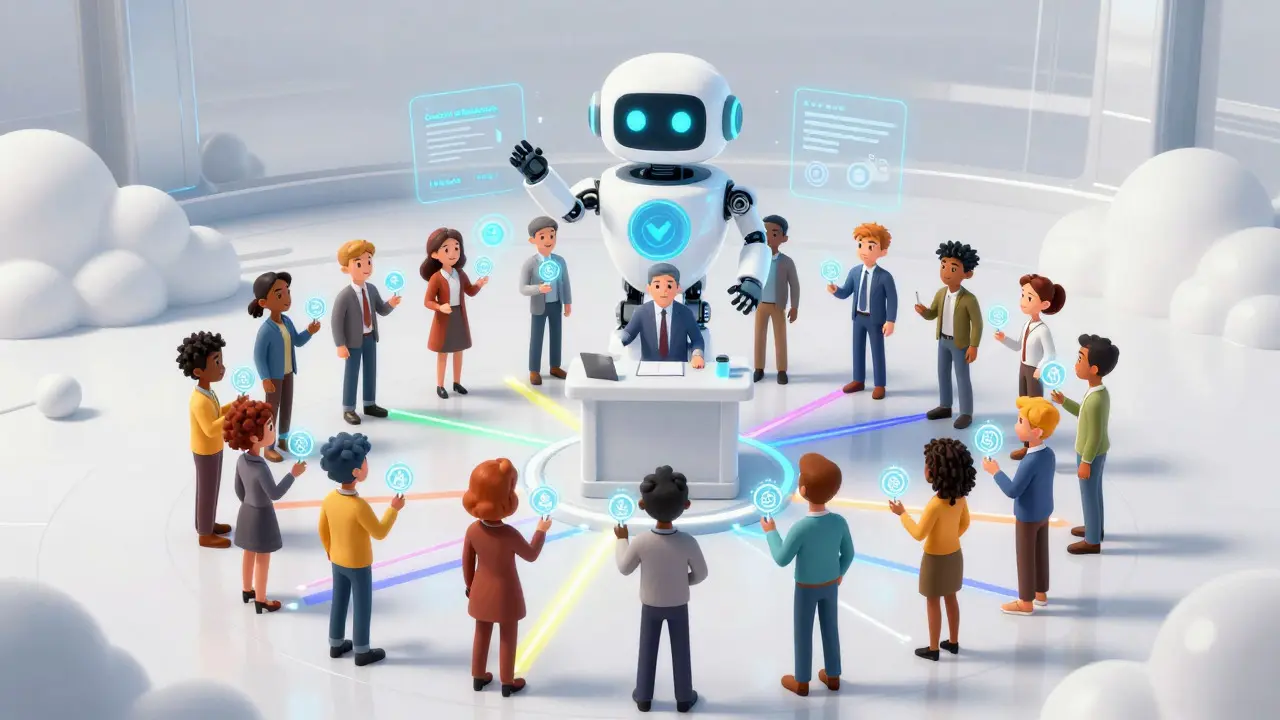 Group of characters voting together in a decentralized virtual assembly