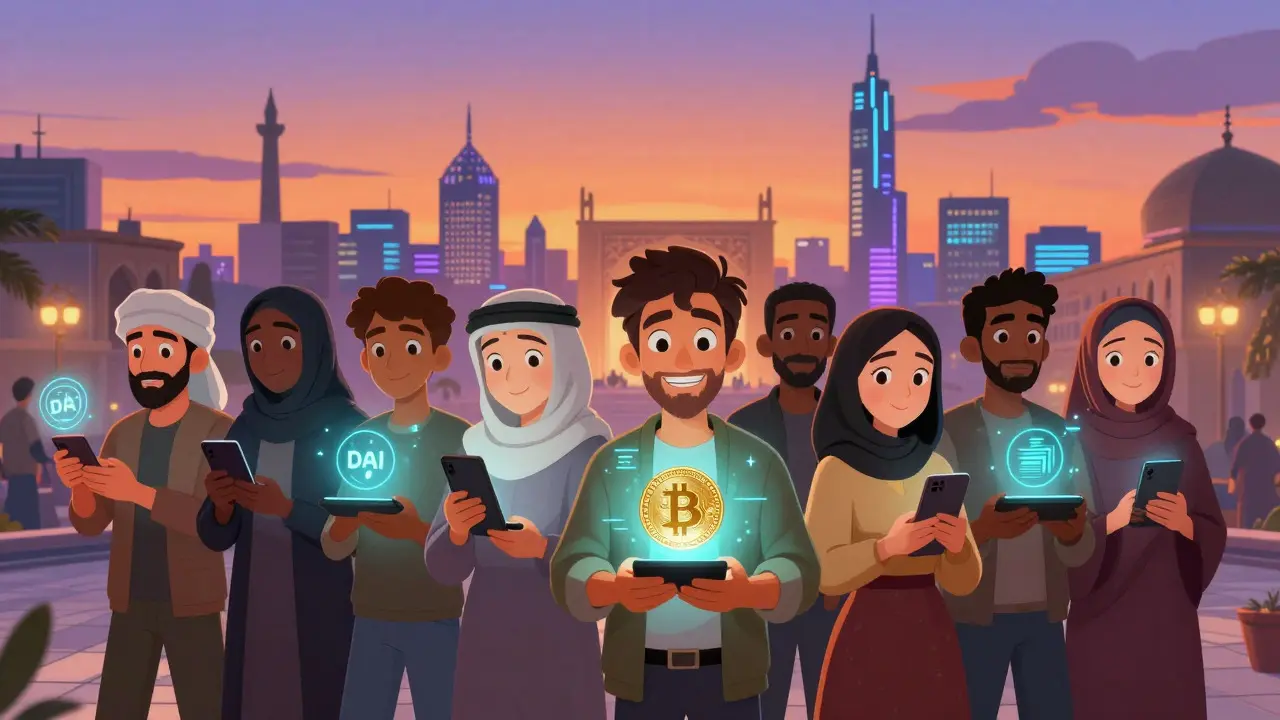 Group of people in a city square holding devices displaying digital currency holograms