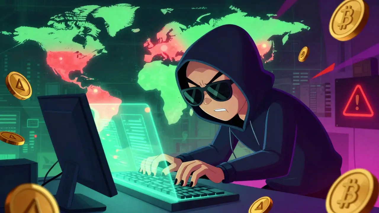 Hacker stealing crypto with global theft map