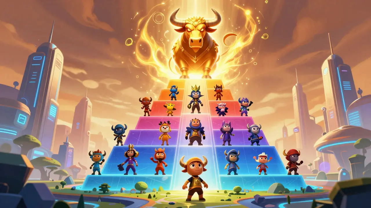 Hierarchical pyramid of avatars showing ALBP power levels in a metaverse