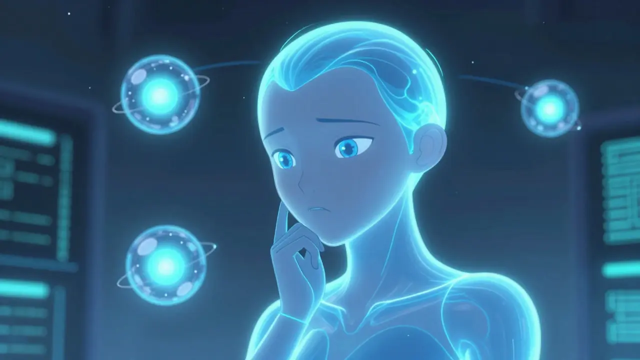 Holographic AI character surrounded by orbiting orbs in a tech setting