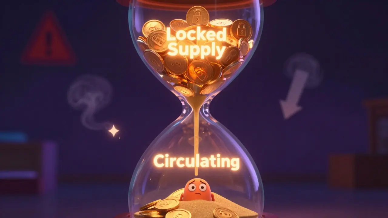 Hourglass showing locked tokens trickling down, illustrating supply dilution risk