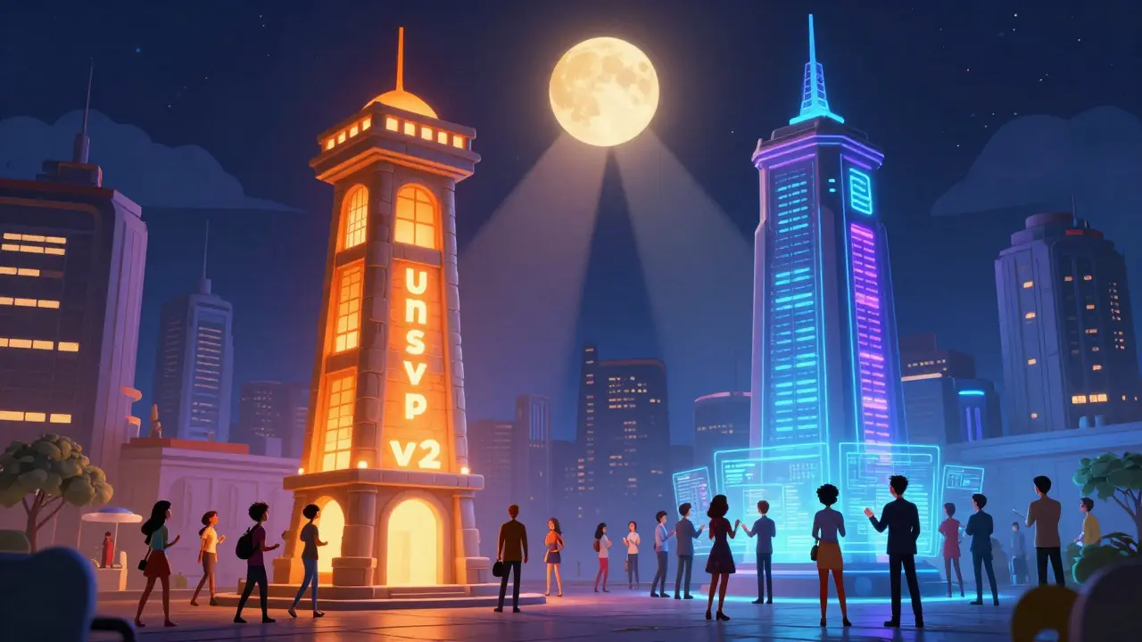 Illustration of a futuristic city with a classic stone tower and a neon skyscraper under a glowing oracle moon