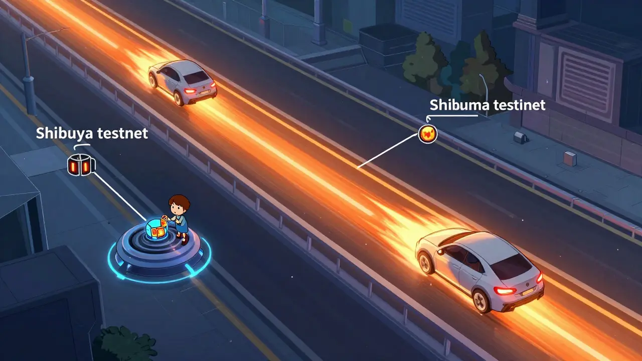 Illustration of a futuristic highway system with a fast orange lane running parallel to a main blue road.