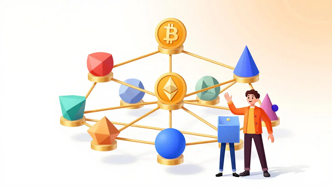 Illustration of a golden network connecting various crypto assets to show capital efficiency