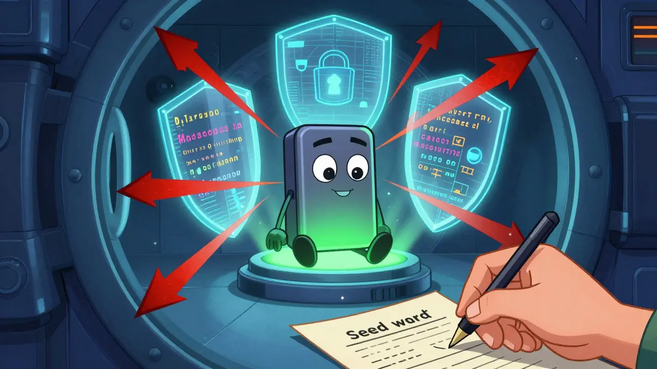 Illustration of a secure crypto wallet protected by holographic shields