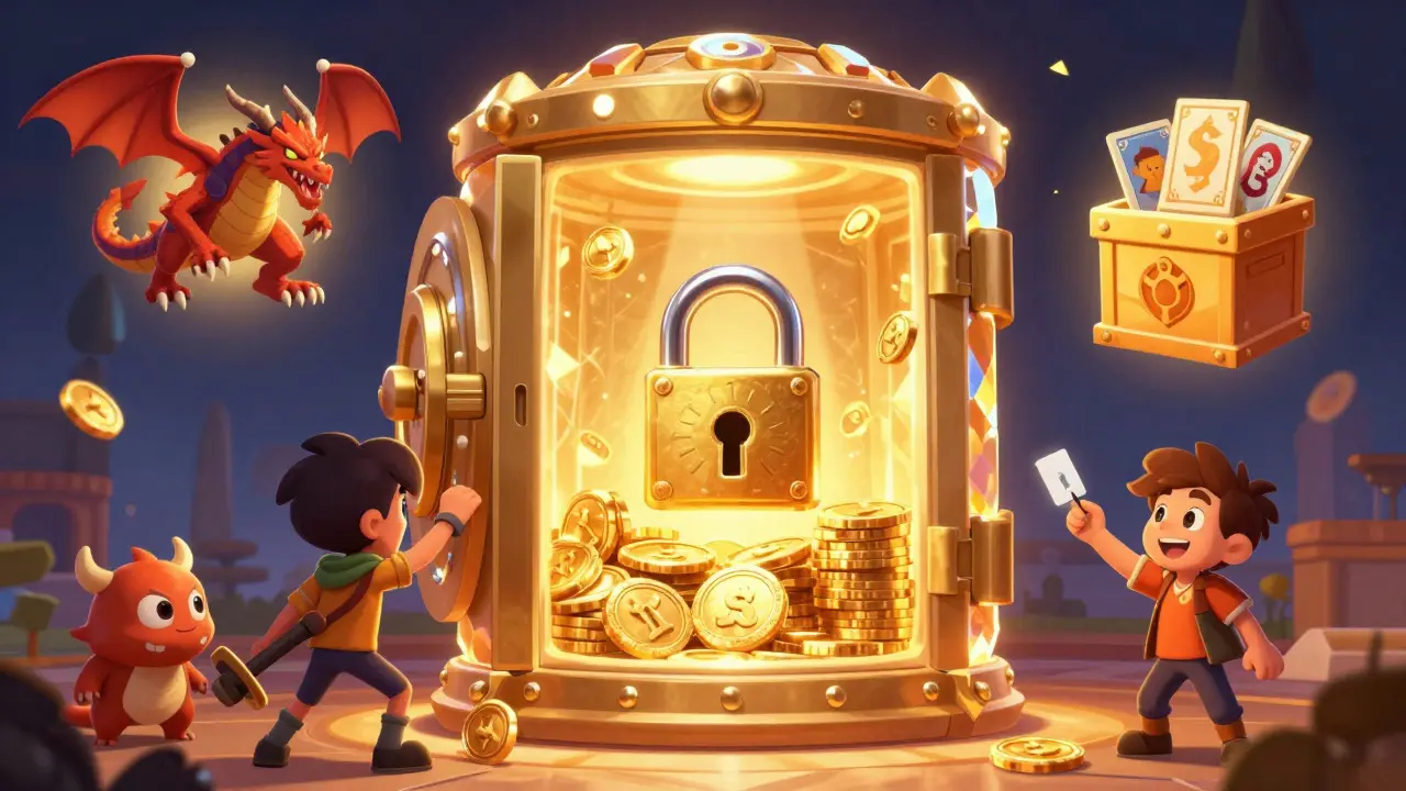 Illustration of characters staking tokens and completing quests around a vault
