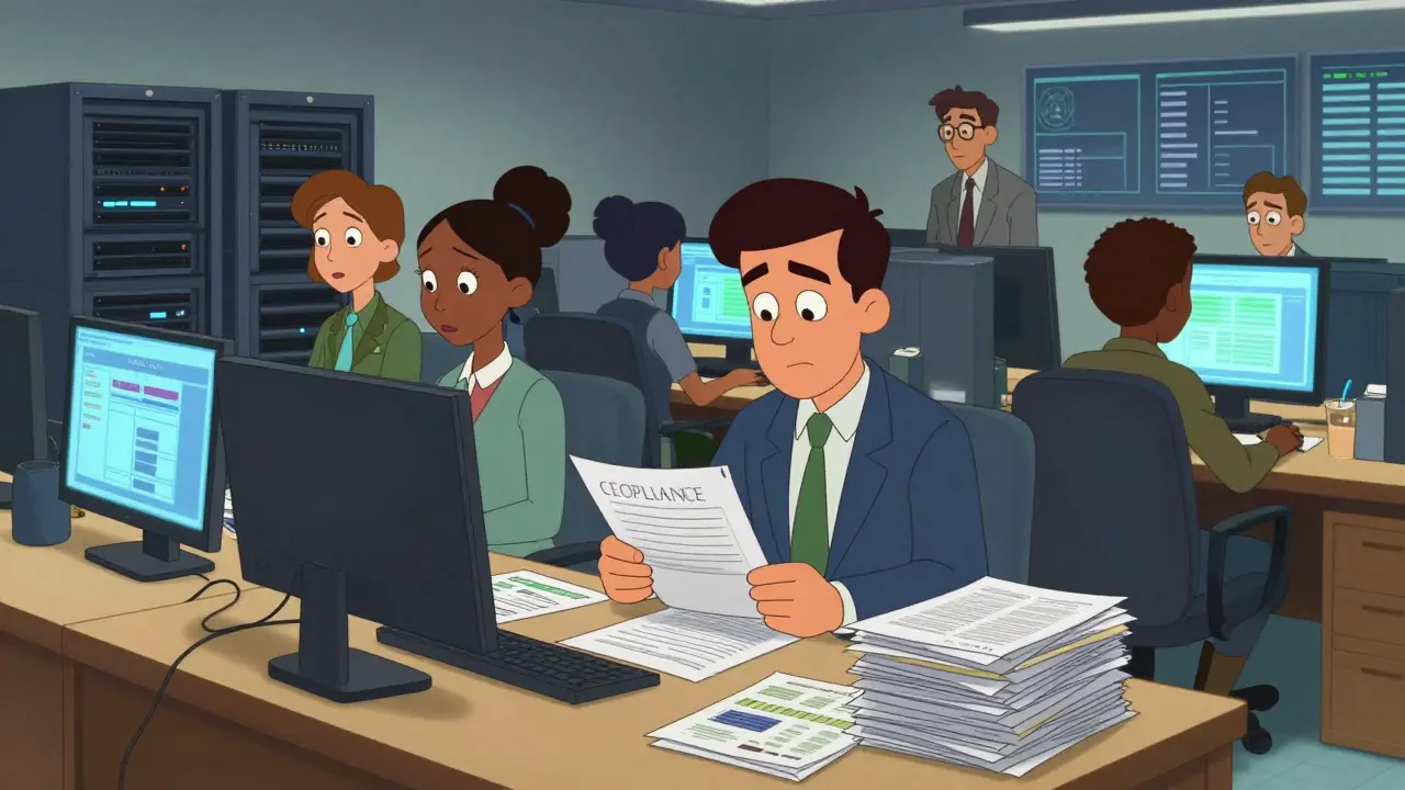 Illustration of office workers reviewing compliance documents and managing server data