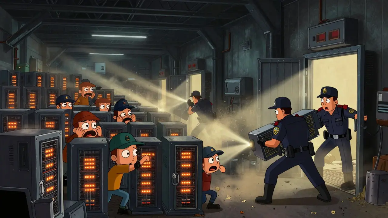 Illustration of police officers raiding an underground room full of cryptocurrency mining machines