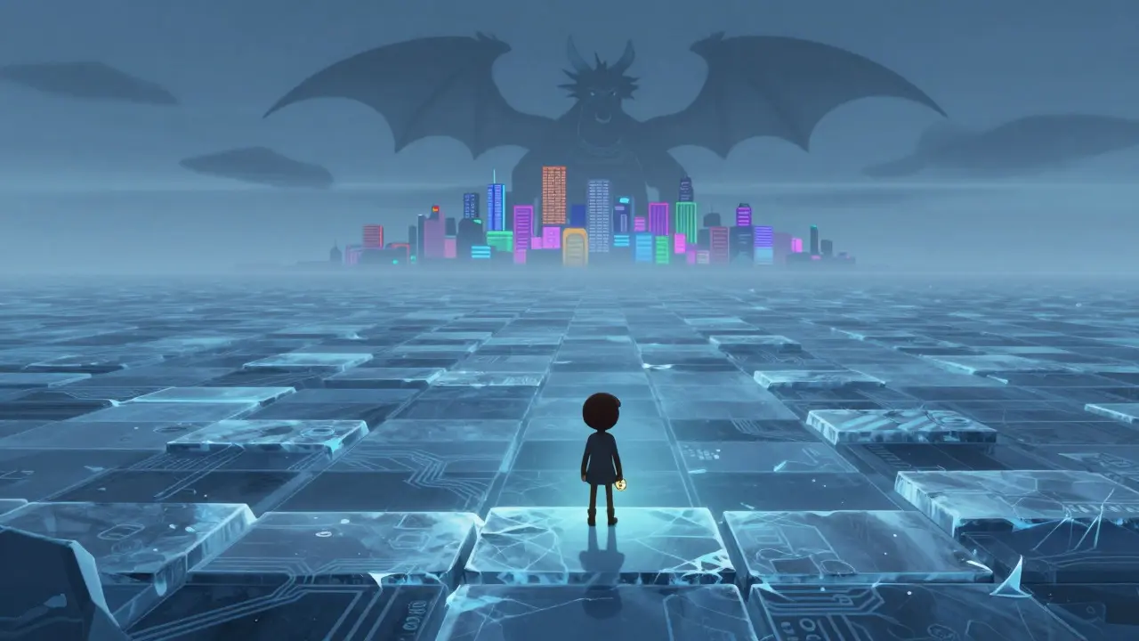 Lonely character in a barren digital landscape near a thriving city