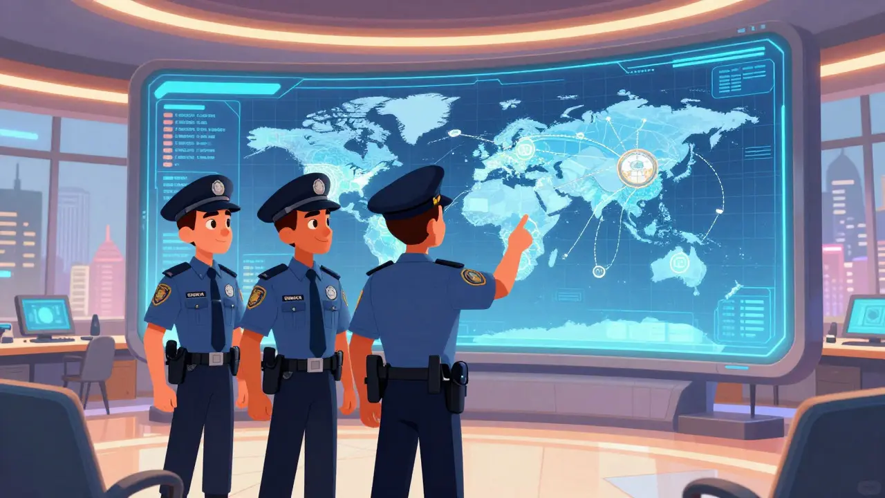 Police officers tracking blockchain on hologram