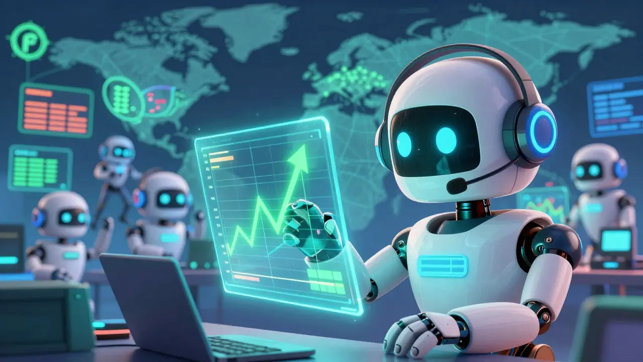 Robot trader managing multiple accounts with holographic charts