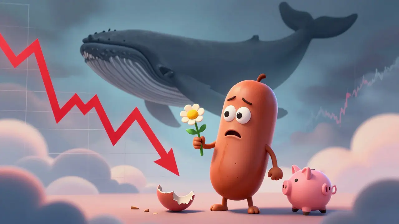 Sausage character looking worried near a crashing stock chart and whale shadow