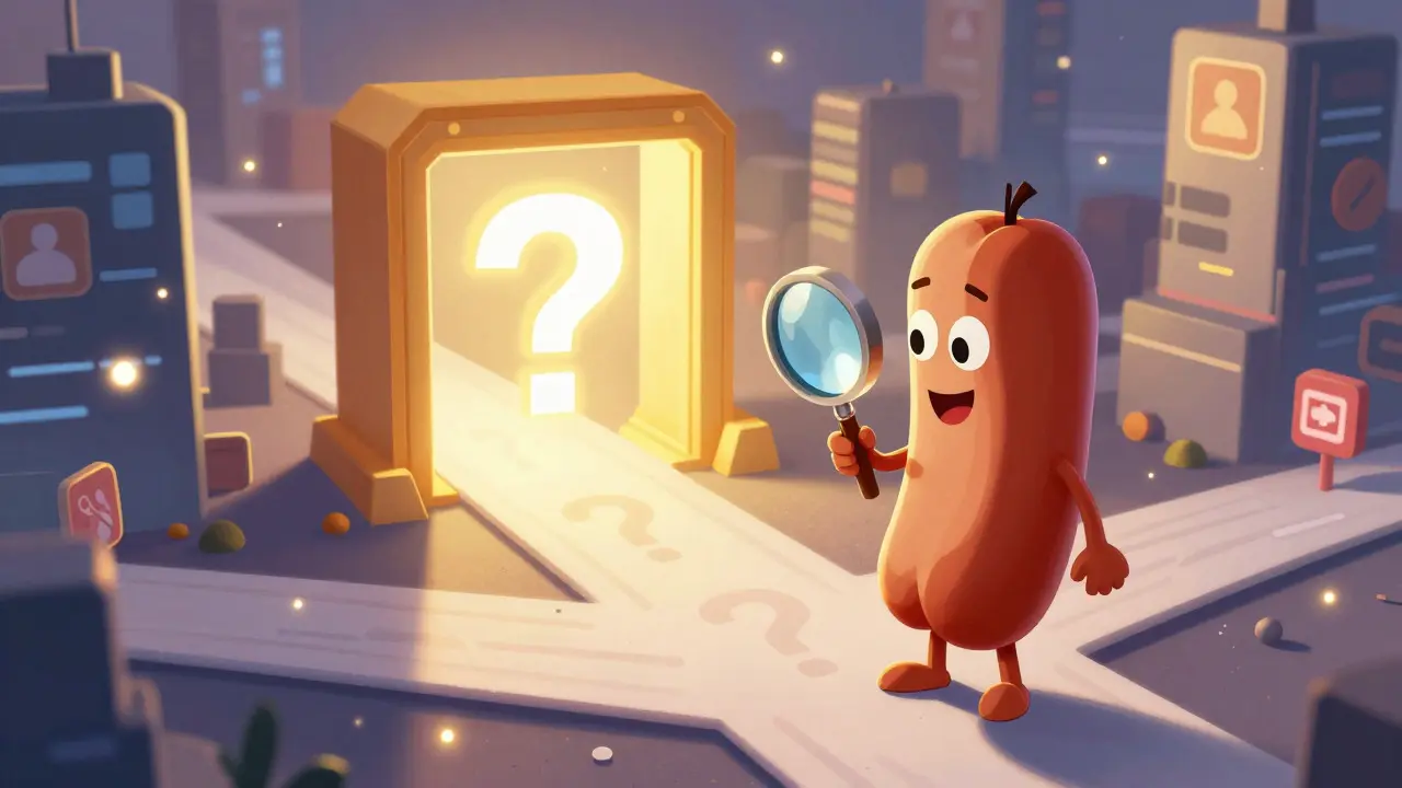 Sausage character with magnifying glass at a digital crossroads in 3D animation