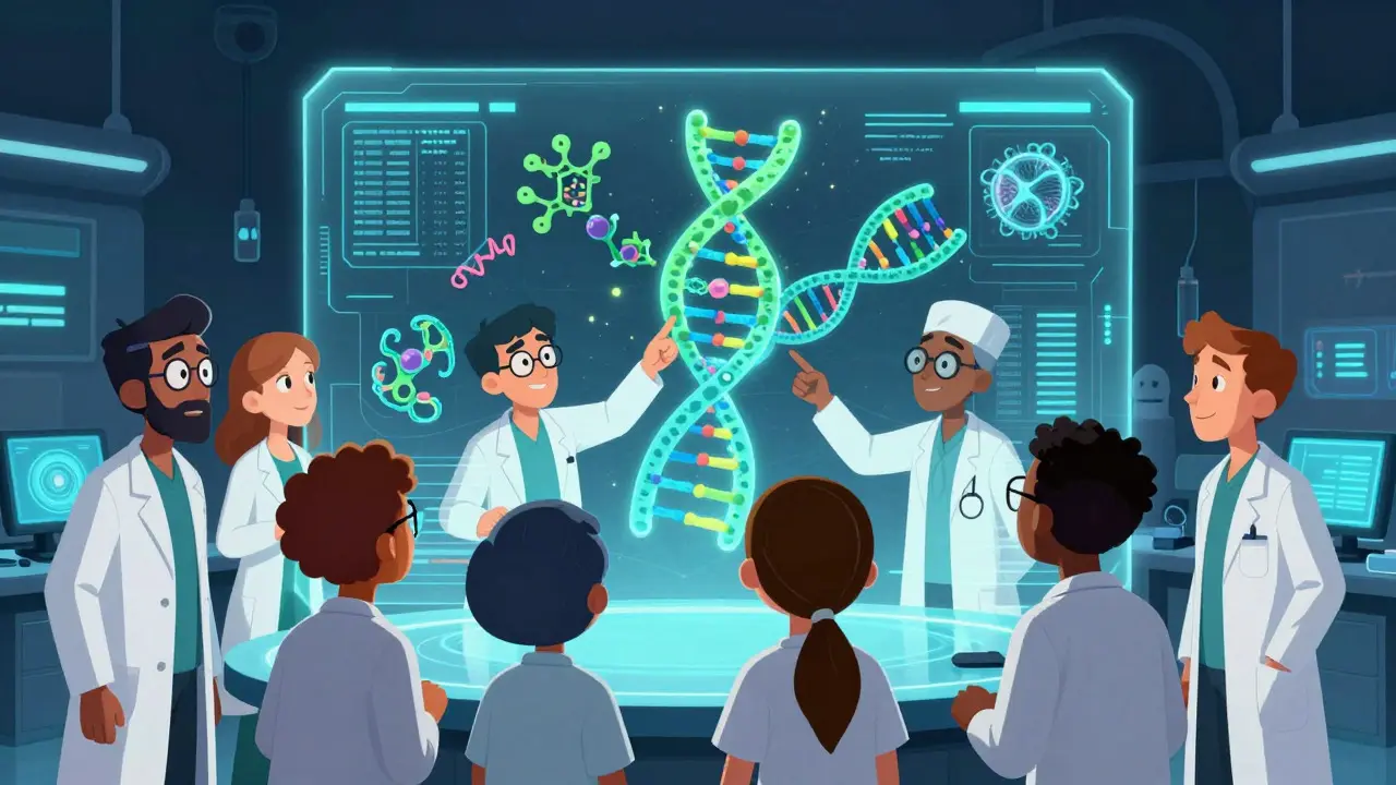 Scientists analyzing glowing protein structures in a futuristic lab