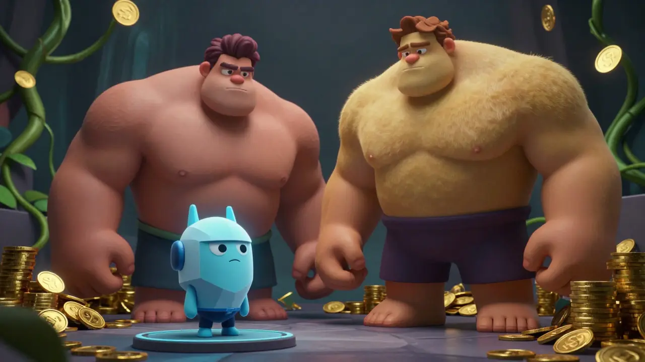 Small AutoLayer mascot dwarfed by giant competitor characters Renzo and Ether.fi