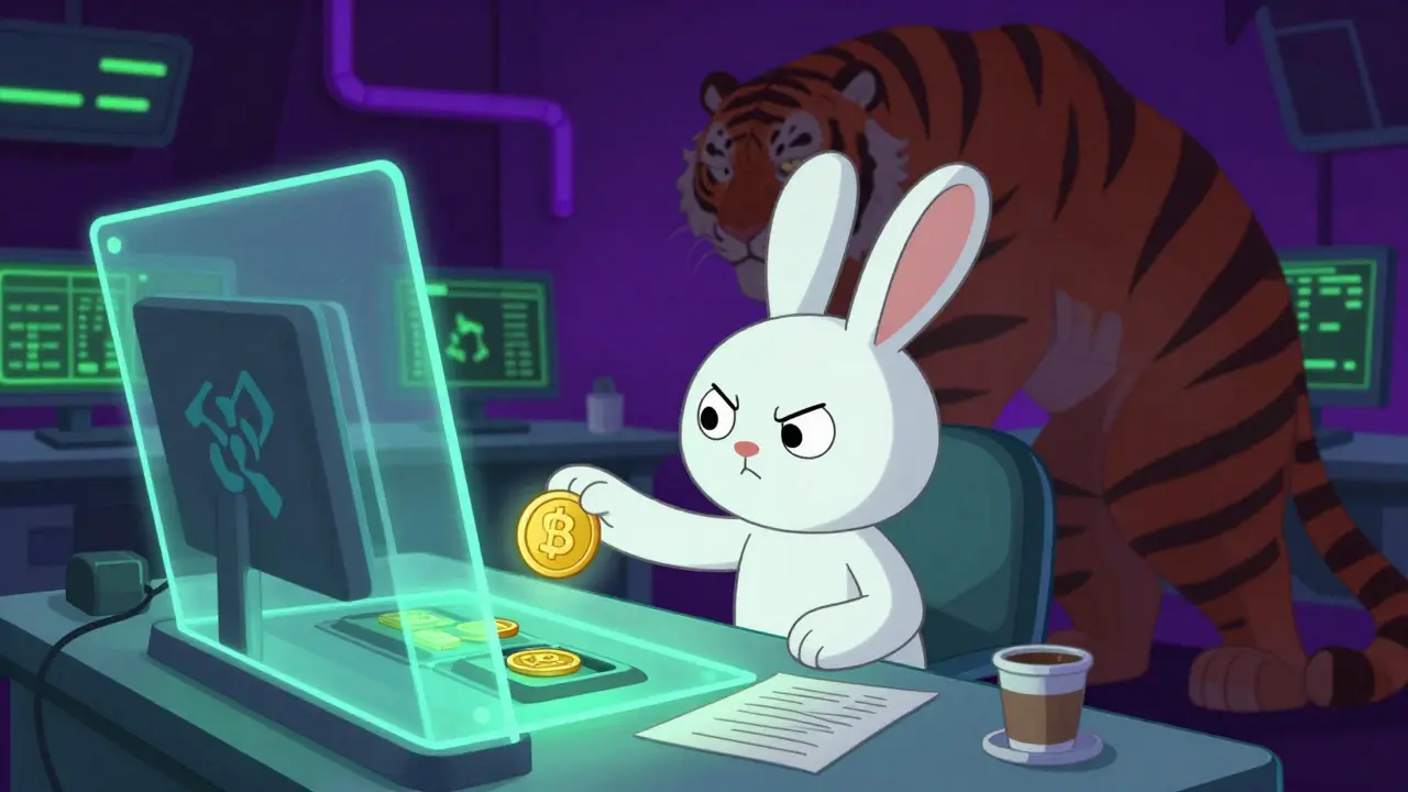 Small rabbit character cautiously trading coins under the shadow of a looming tiger