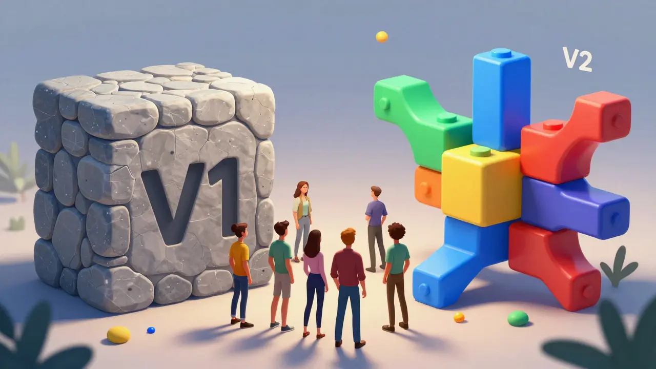 Stone foundation vs flexible modular blocks illustrating crypto protocol evolution in cartoon style.