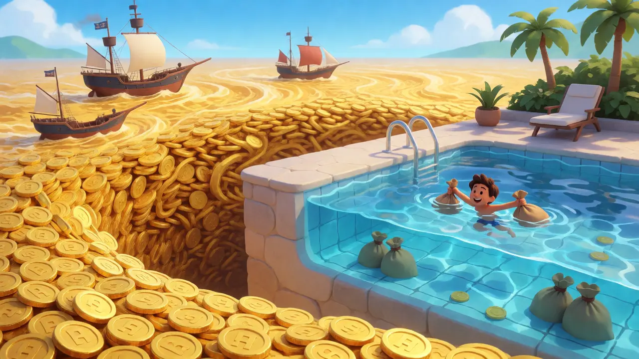 Visual metaphor comparing deep exchange liquidity with HB DEX's limited pools.
