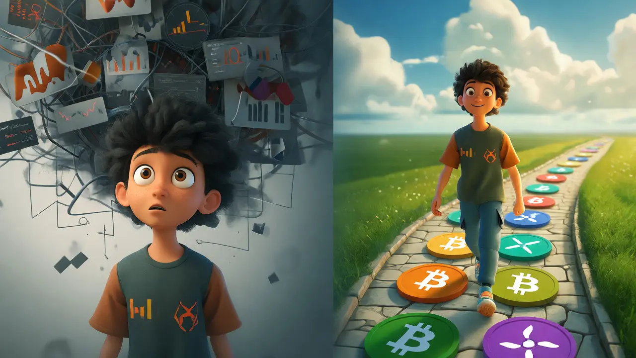 A character moving from complex finance to a simple crypto path