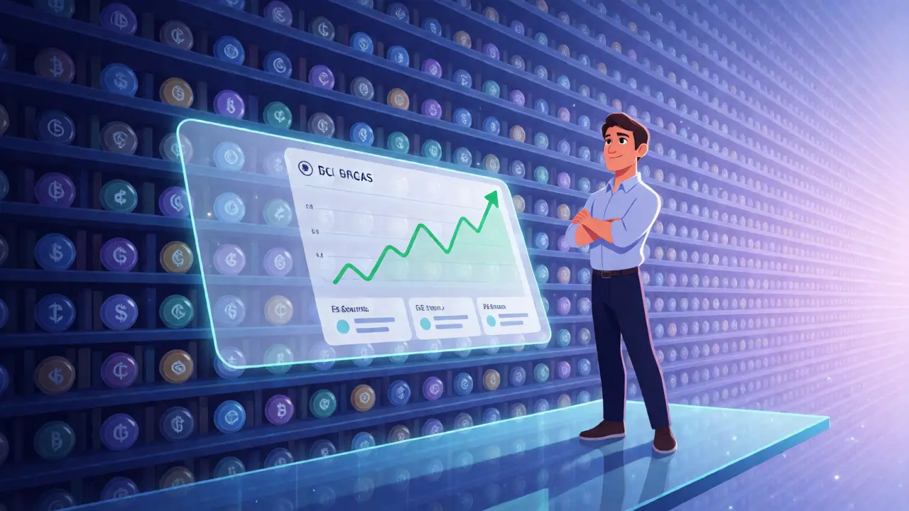 A confident trader stands before an infinite library of glowing cryptocurrency assets.