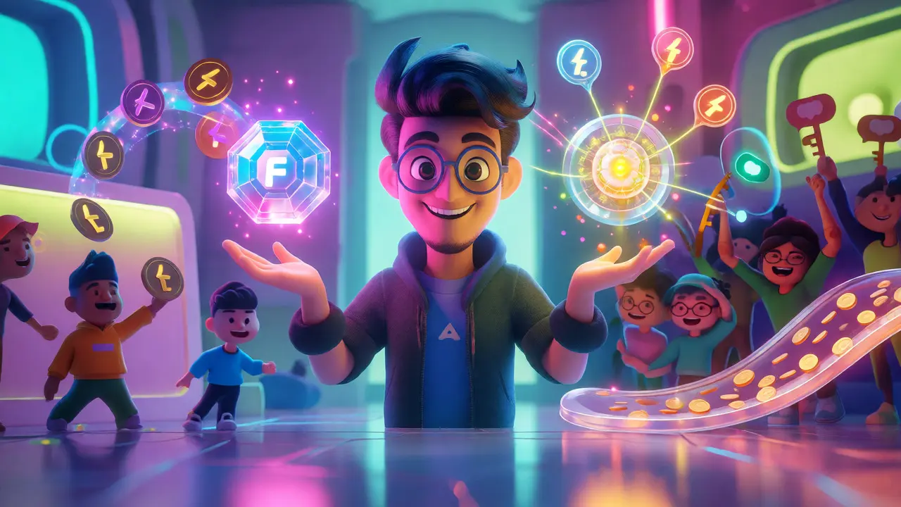 A creator holding NFTs, social tokens, and micropayment streams in a vibrant digital world.