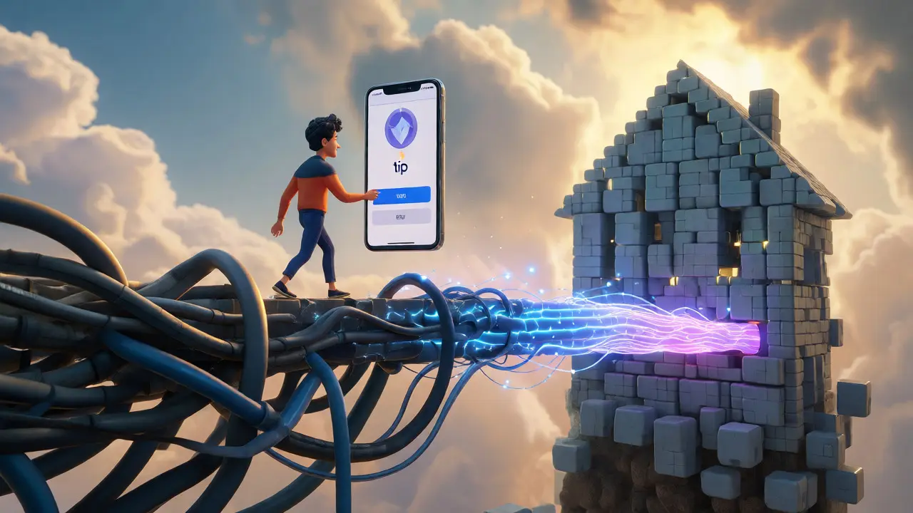 A creator walking from tangled cables to a smooth digital bridge, building a stable future.