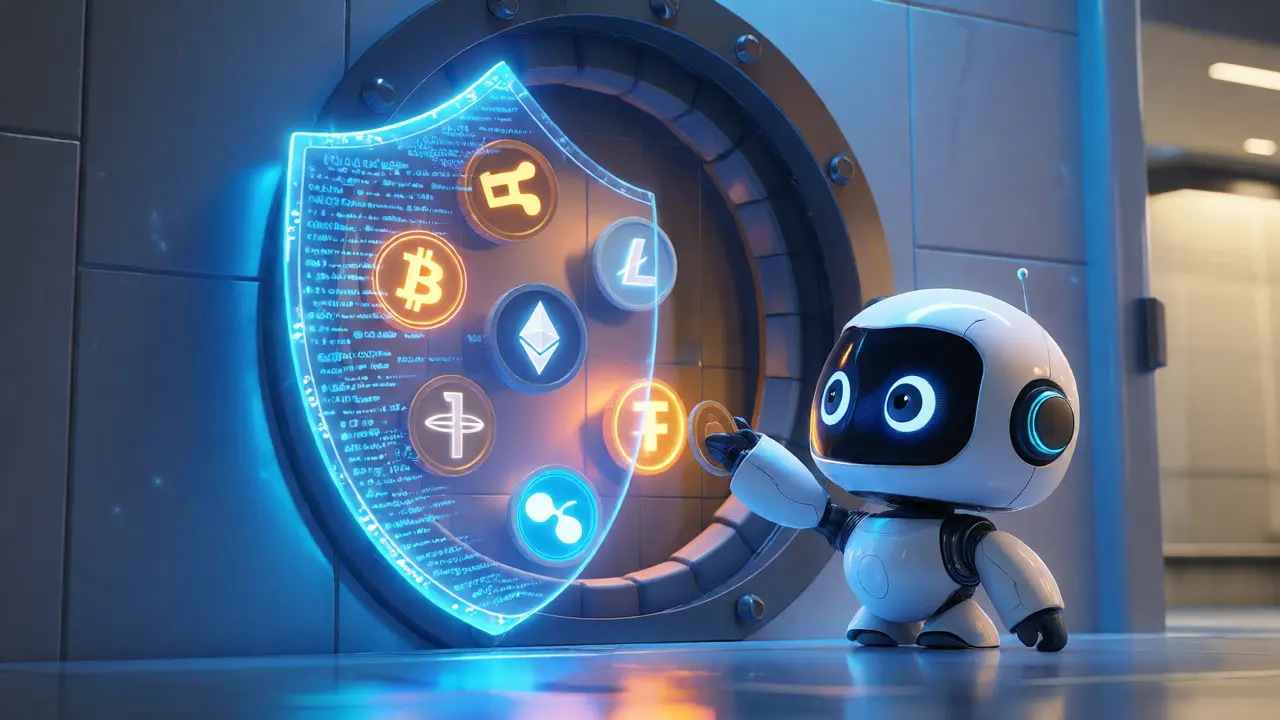 A digital shield protecting floating cryptocurrency coins in a secure vault