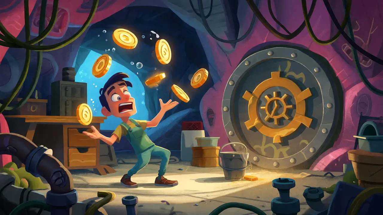 A frantic gamer juggles slipping gold coins in a cluttered underwater workshop, struggling with technical barriers and low volume.
