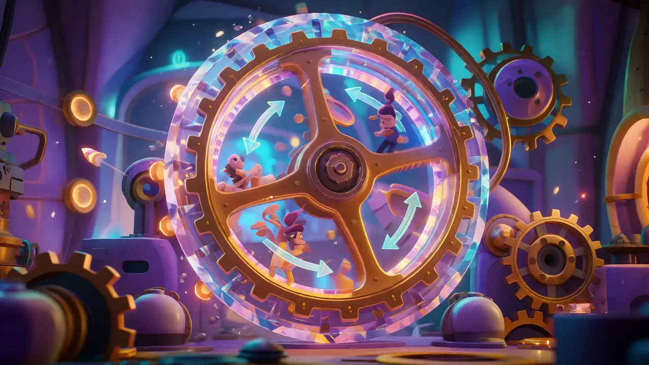 A glowing crystal flywheel machine spinning with user figures and value flow arrows.