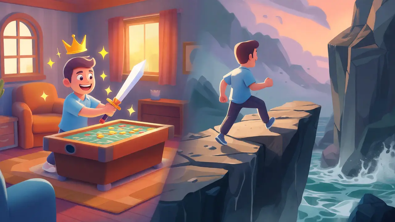 A split scene showing happy gameplay indoors versus a risky, bridge-less cliff edge overlooking a turbulent crypto sea.