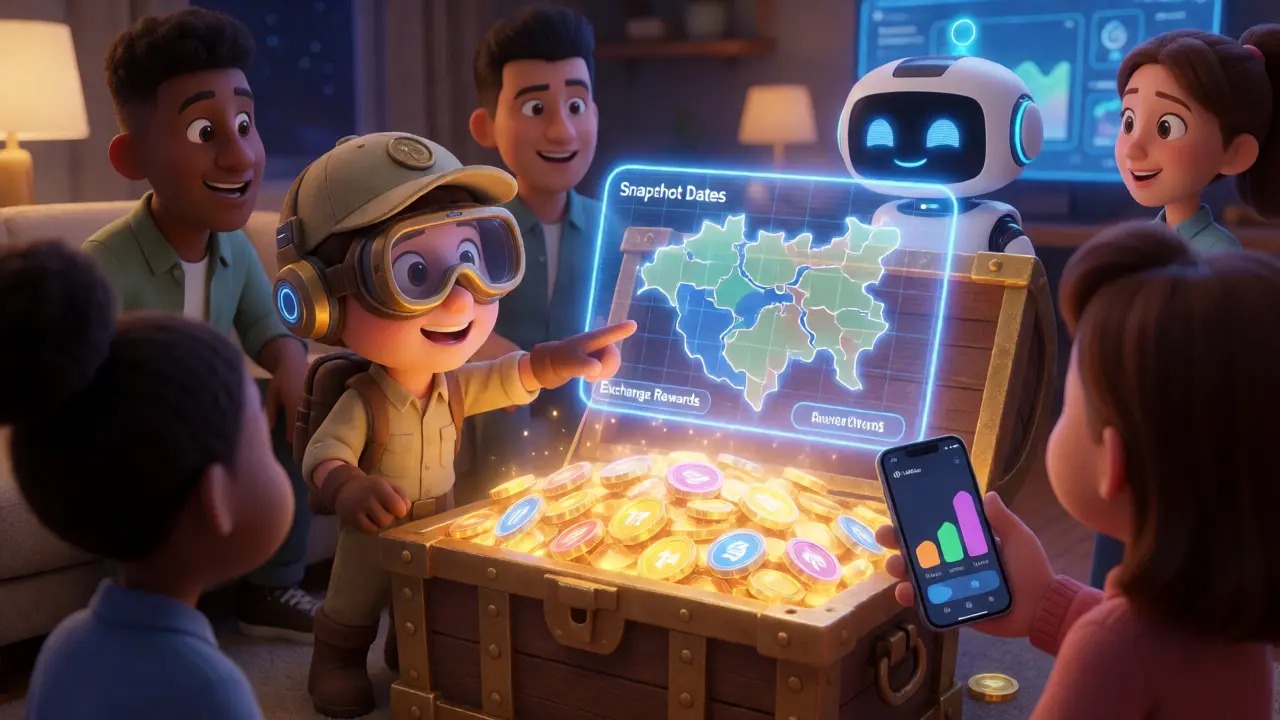 Animated characters discovering NFT rewards via a holographic map and treasure chest.