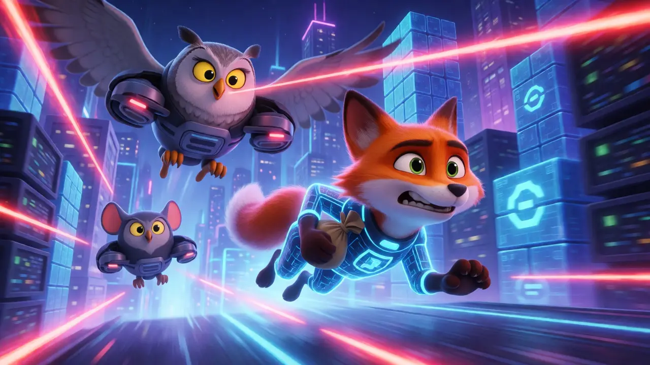 Animated digital fox dodging regulatory laser beams in a neon cyber-city representing crypto evasion.