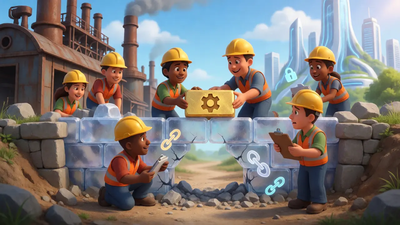 Cartoon crew building a blockchain bridge between an old factory and a futuristic city.