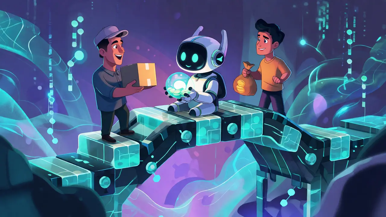 Cartoon depiction of a secure escrow transaction on a futuristic Tezos blockchain bridge with two parties.