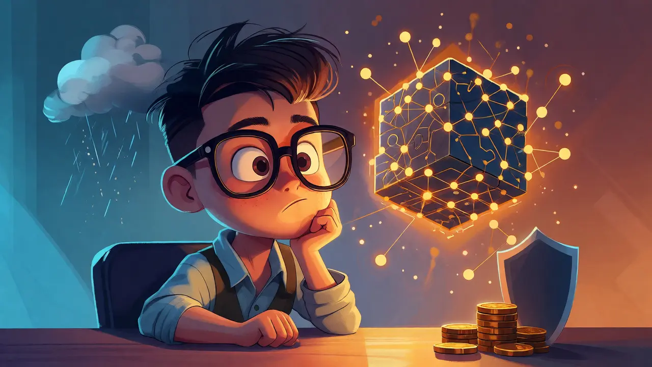 Cartoon investor analyzing a glowing blockchain puzzle box with caution