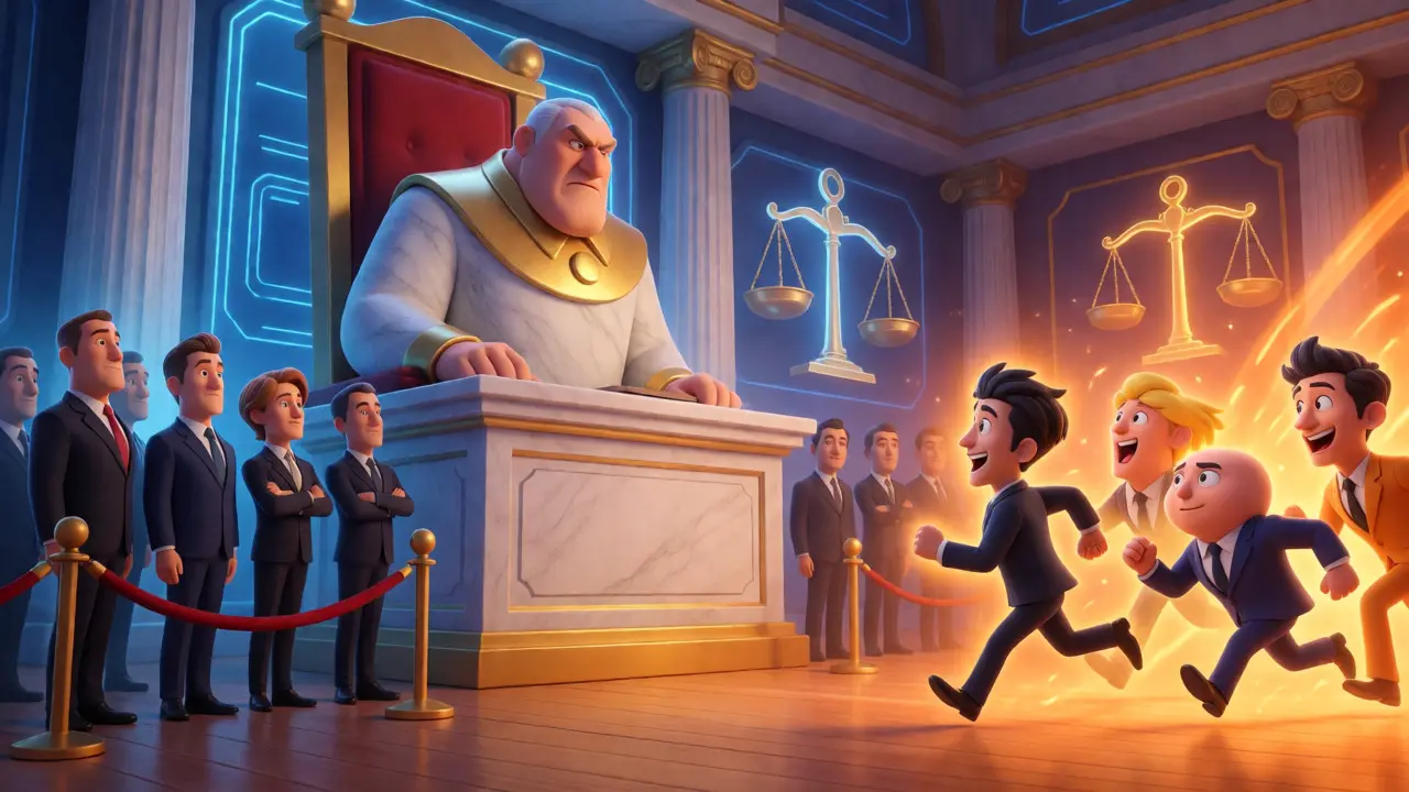 Cartoon judge separating suited security tokens from playful utility tokens in court.