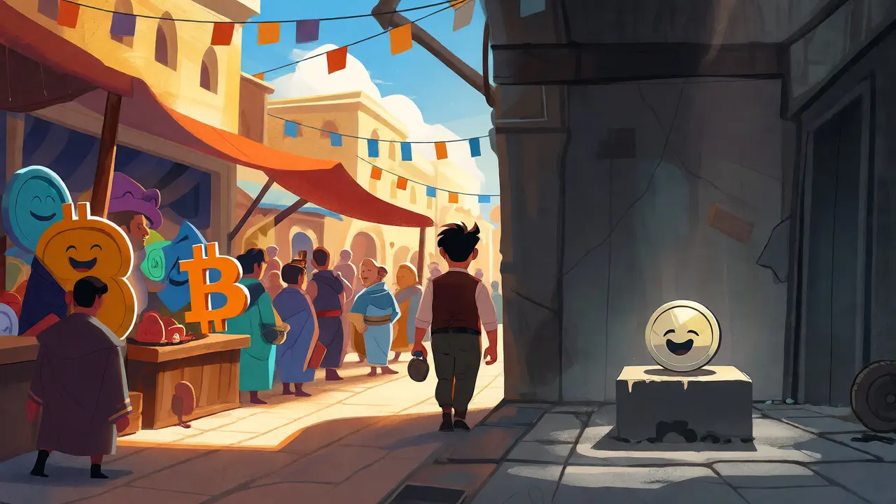 Character leaving a dark alley for a bright crypto market