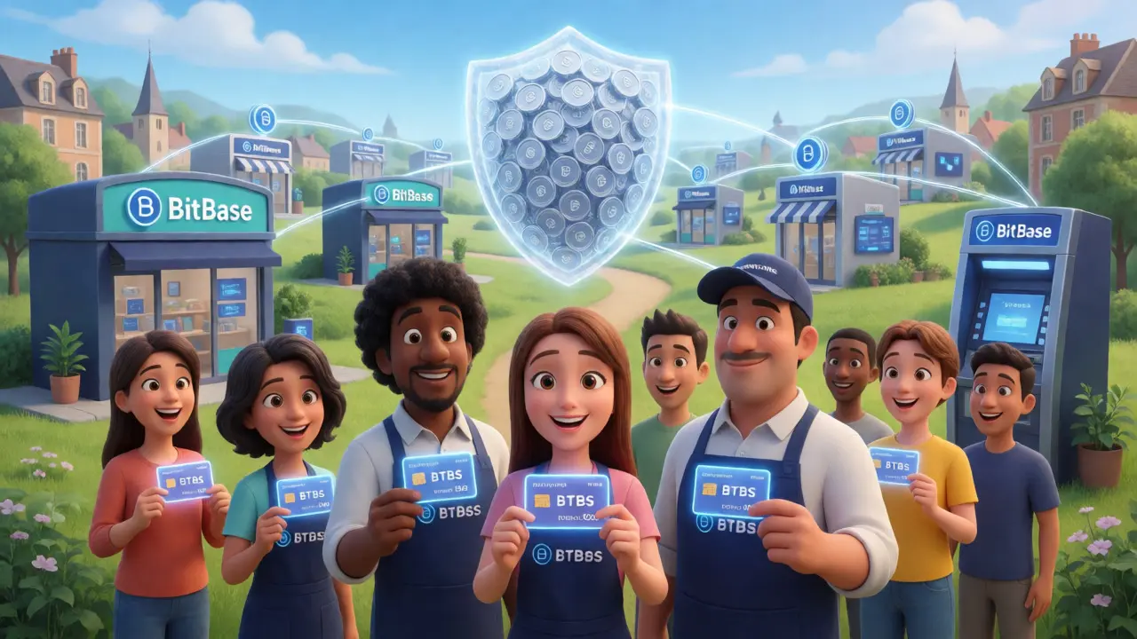 Community members holding BTBS tokens in front of crypto stores