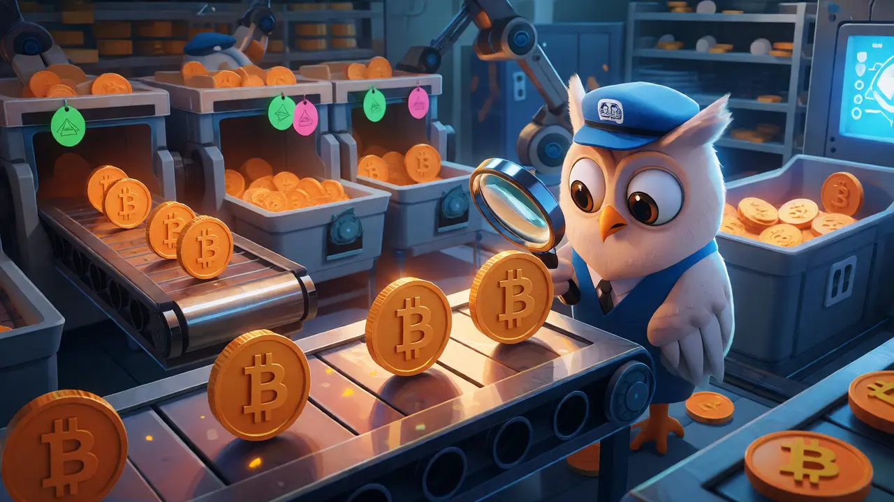 Compliance officer inspecting anthropomorphic crypto coins on a conveyor belt.