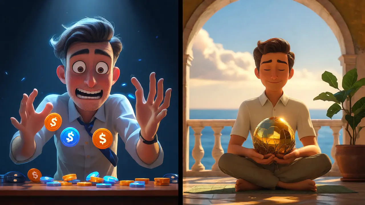 Contrast between stressed short-term trader and calm long-term crypto holder