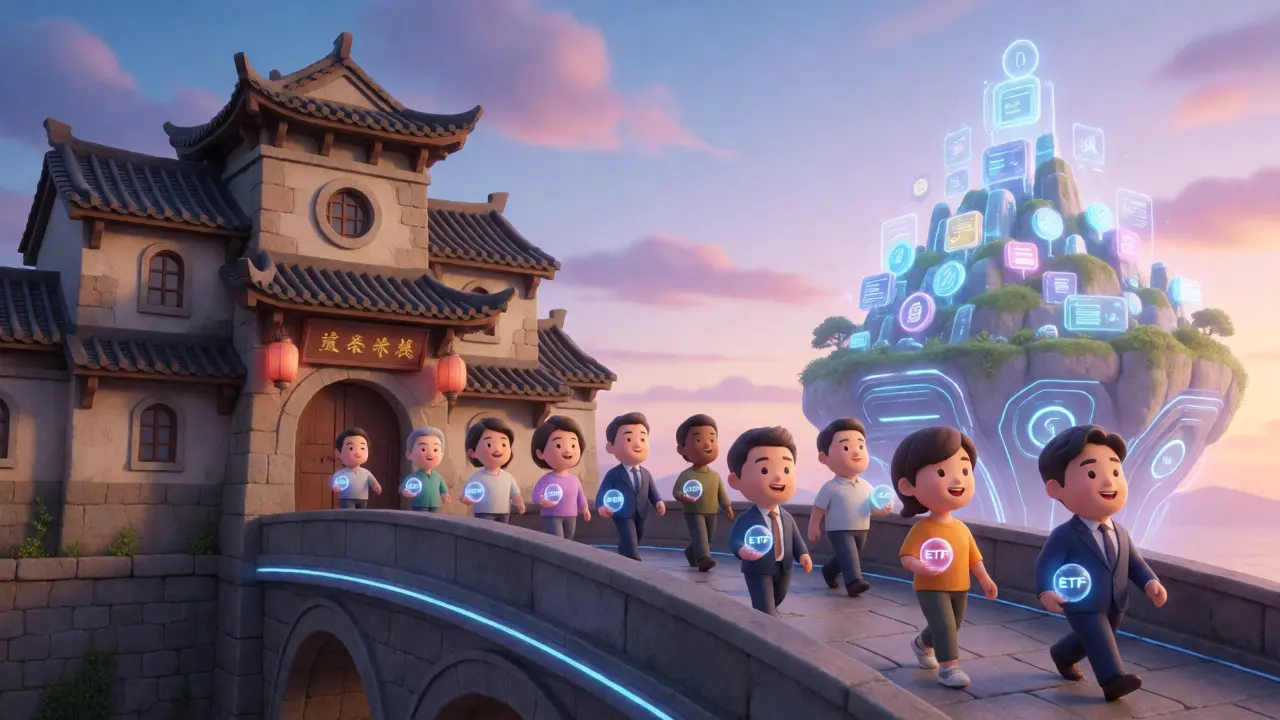 Cute cartoon investors crossing a bridge from a bank to a digital asset island.