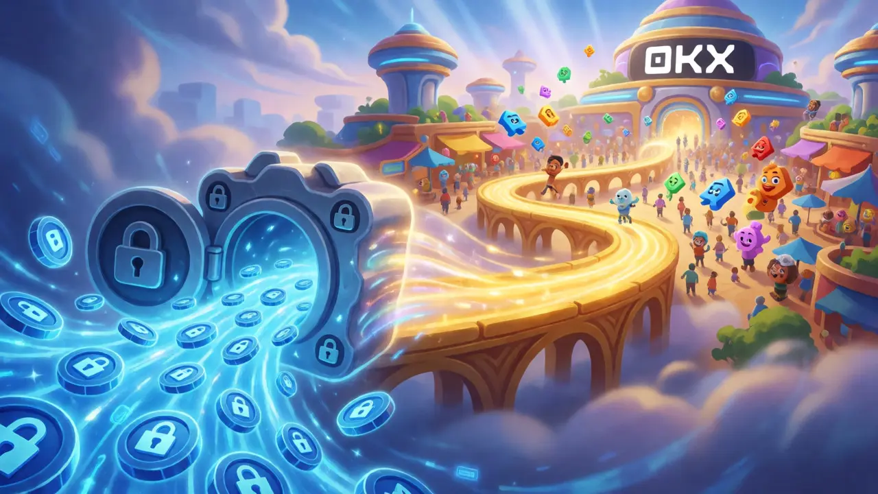 Digital coins flow through a glowing bridge from a secure vault to a busy crypto marketplace.