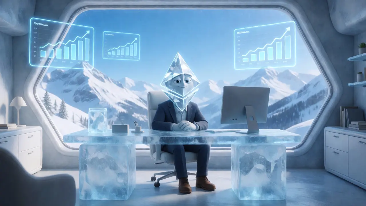 Ethereum character in Swiss Alpine office symbolizing stability
