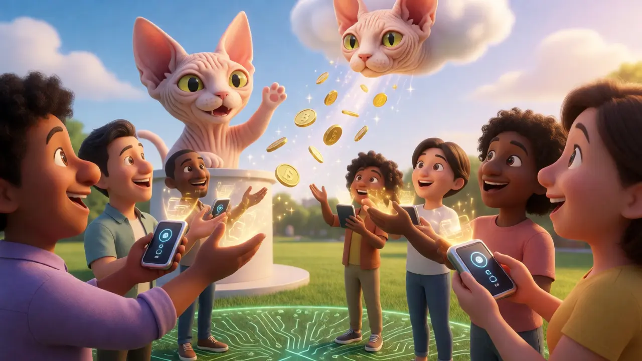Excited users catch falling tokens under a cloud shaped like a Sphynx cat head.